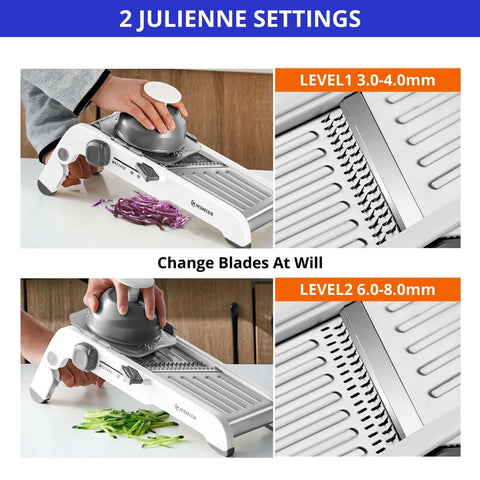 24-in-1 mandoline slicer with waffle fry blade; white and gray kitchen tool with adjustable blades