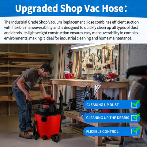Man using Seven Foot Replacement Hose For Wet Dry Vacuums 1 7 8 Inch Inlet Industrial Grade Vacuum Hose Attachment.