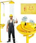 Heavy Duty Emergency Shower And Eye Wash Station With Adjustable Water Pressure Built In Filter Splash Resistant Column Flow 92 Inch Tall Stainless Steel With Yellow Coating And Emergency Sign