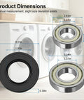 Premium Washer Tub Bearing And Seal Kit For Front Load Washers with dimensions shown next to washers, displaying sizes and materials.