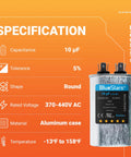 10uF 370 To 440V Oval Run Start Capacitor CBB65 Replacement Part 5 Percent Tolerance with specifications, orange background