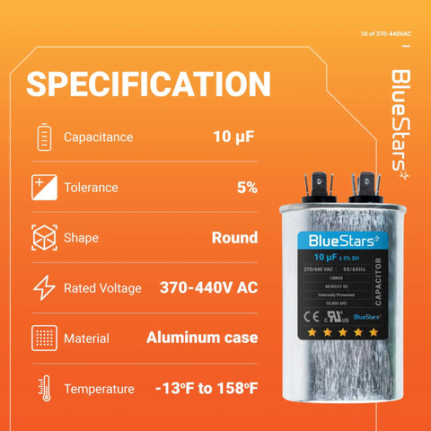 10uF 370 To 440V Oval Run Start Capacitor CBB65 Replacement Part 5 Percent Tolerance with specifications, orange background