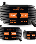 Heavy Duty Split Wire Loom Sleeve Conduit Tubing Straight Up Protection For Car And Home Wiring Super Tough Polyethylene Cable Guard in black, 3 sizes, 20 ft each.