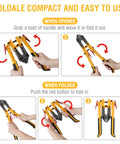 Demonstration of folding method for Power Grip 18 Inch Bolt Cutter With Folding Handles For On The Go Jobs Heavy Duty CR MO Steel Cutting Heads Built To Last Compact Portable Design Extra Wide Handle For Comfort And Less Hand Fatigue During Tough Cuts, showing open and fold actions with red arrows.