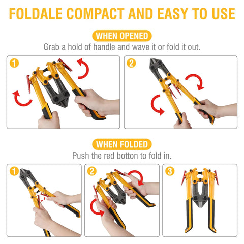 Guide showing 24 Inch Bolt Cutter With Folding Handles For Easy Carry, Compact Portable Design in open and folded positions.
