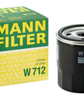 Spin On Oil Filter With High Dirt Holding Capacity And Low Pressure Drop beside packaging box, model W712