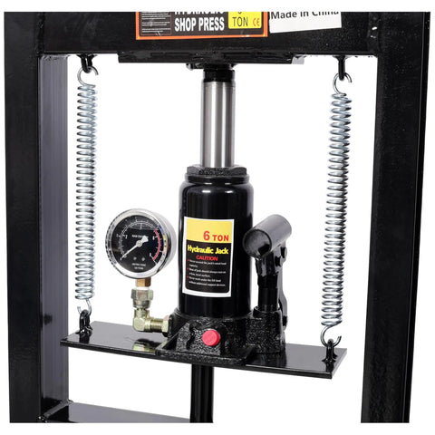 6 Ton Hydraulic Shop Press H Frame With Gauge For Precision Bearing Pressing, black steel construction, close-up view