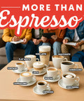 Assorted coffee drinks including espresso, latte, cappuccino, and more on a table with people in the background.