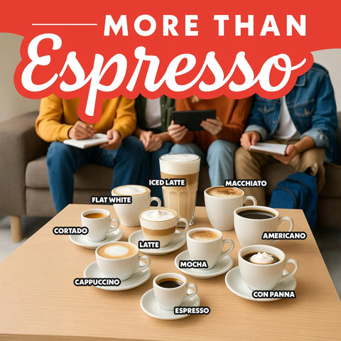 Assorted coffee drinks including espresso, latte, cappuccino, and more on a table with people in the background.