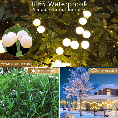 Two Pack Solar Garden Lights With 12 LED Firefly Lights, glowing in snow, rain, and garden settings, durable stainless steel poles.