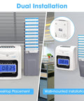 No Sweat Attendance Punch Time Clock With Crisp Lcd Display For Employee Payroll Tracking Plus Automatic Time Sync, showing desktop and wall-mounted installation options.