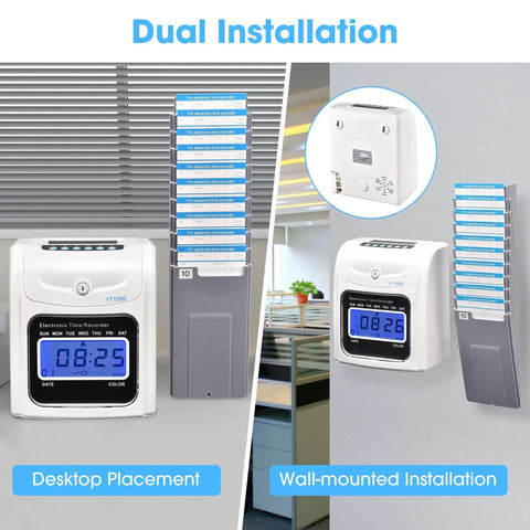 No Sweat Attendance Punch Time Clock With Crisp Lcd Display For Employee Payroll Tracking Plus Automatic Time Sync, showing desktop and wall-mounted installation options.