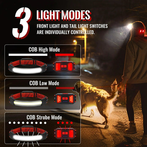 Girl walking dog at night using 2 Pack LED Headlamp Flashlight 1000 Lumen Rechargeable Beast Mode Bright with 230 Degree Wide Beam