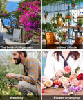 Collage of outdoor botanical garden, indoor plant setup, person weeding, and individual arranging flowers on table.