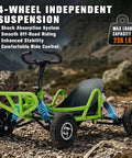 Green gas powered off-road go kart with 4-wheel suspension in rugged mountain setting, suitable for adults and teens with 2.5HP engine.