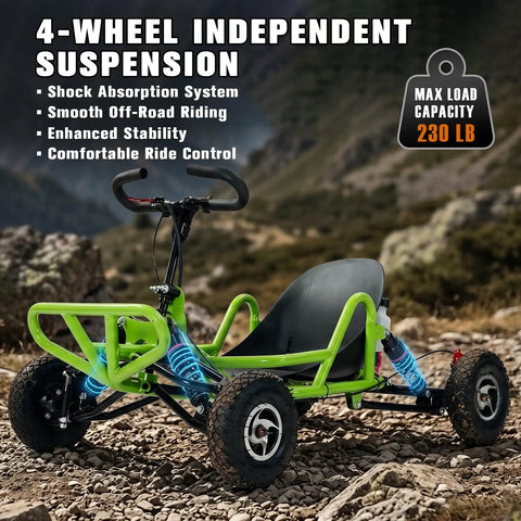 Green gas powered off-road go kart with 4-wheel suspension in rugged mountain setting, suitable for adults and teens with 2.5HP engine.