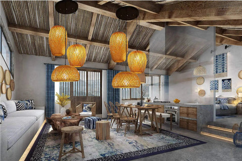 Lantern Style LED Pendant Light With Adjustable Cord Bamboo Weave Ceiling Hanging Lamp illuminating a rustic dining room