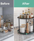 Before and after using the 9 Inch Rotating Lazy Susan Organizer Two Tier Metal Spice Rack for tabletop pantry bathroom vanity storage