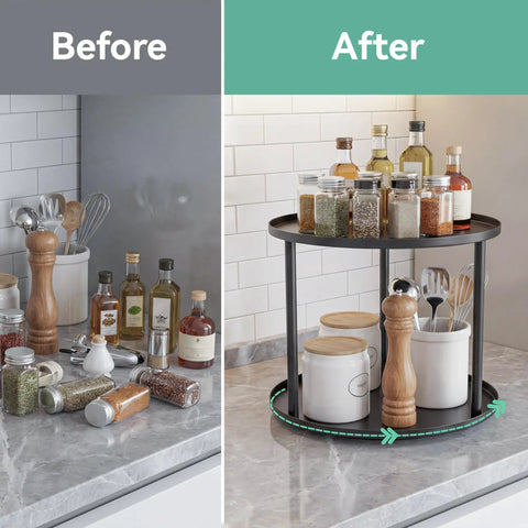 Before and after using the 9 Inch Rotating Lazy Susan Organizer Two Tier Metal Spice Rack for tabletop pantry bathroom vanity storage