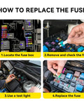 Premium Solid Automotive Fuse Assortment Kit Hella Complete 306 Piece Standard Mini Low Profile Blades With Puller Tester Legit Quick Fix Kit For Cars Trucks Rvs fuse replacement guide with steps and visuals.