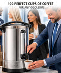 Heavy Duty 100 Cup Coffee Maker And Hot Water Urn For Events And Catering With Double Wall Stainless Steel Keeps Drinks Hot on counter