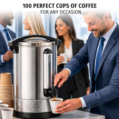 Heavy Duty 100 Cup Coffee Maker And Hot Water Urn For Events And Catering With Double Wall Stainless Steel Keeps Drinks Hot on counter