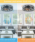 Caged Ceiling Fan With Lights 20 Inch Industrial Farmhouse dual mode in living room, displaying downdraft and updraft airflow options.