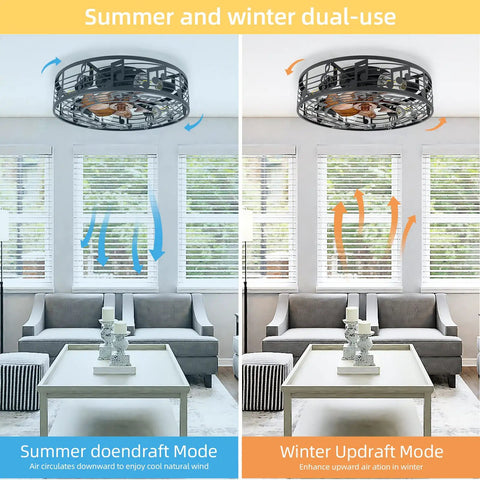 Caged Ceiling Fan With Lights 20 Inch Industrial Farmhouse dual mode in living room, displaying downdraft and updraft airflow options.