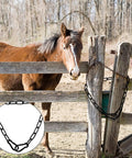 Stainless Steel Gate Chain Lock 20 Inch With Dual Carabiners securing wooden livestock gate, horse in background