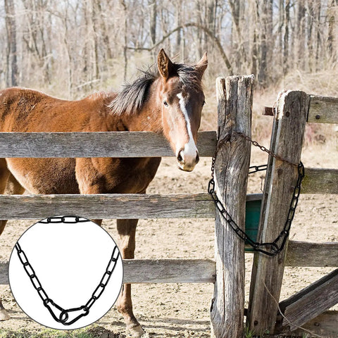 Stainless Steel Gate Chain Lock 20 Inch With Dual Carabiners securing wooden livestock gate, horse in background