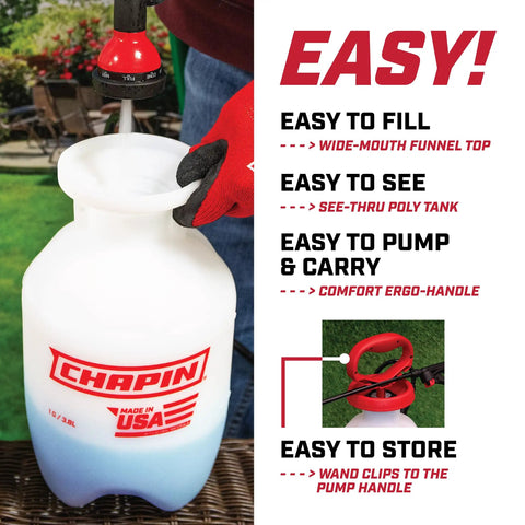 1 Gallon Pump Sprayer For Lawn And Garden, Weeds, Pesticides And More with wide-mouth funnel top, see-thru tank, comfort handle.