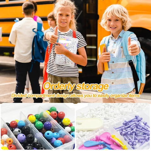 Children with backpacks; Ultimate 297 Piece Chemistry Molecule Model Kit for Inorganic and Organic Structures displayed below.