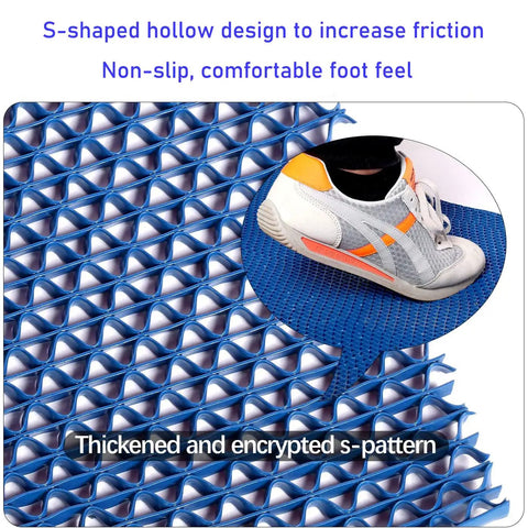Close-up of blue S-shaped drainage mat with shoe footprint, showcasing friction design - Grab This Killer Non Slip Outdoor Drainage Mat Measuring Three Feet By Ten Feet Perfect For Commercial Kitchen Floors Garage Poolside Bathroom And Restaurant Use With Awesome S Shaped Design That Drains Water Fast And Stays Super Clean