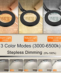 5X Magnifying Lamp With Clamp And Dimmable LED Light showing color modes with warm, natural, and cold light on newspaper.