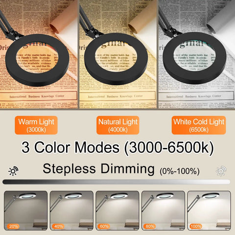 5X Magnifying Lamp With Clamp And Dimmable LED Light showing color modes with warm, natural, and cold light on newspaper.