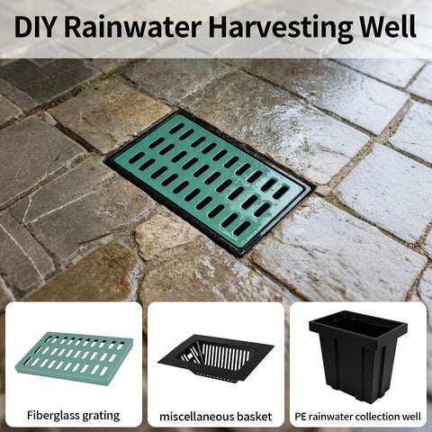 Installed Square Catch Basin With Fiberglass Grate And Debris Basket 26x18x24 Inch Large DIY Rainwater Drain Basin For Yard