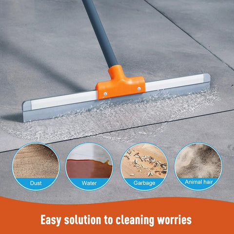 Rubber Floor Squeegee Heavy Duty With Extendable Handle on concrete floor removing water, durable aluminum base visible