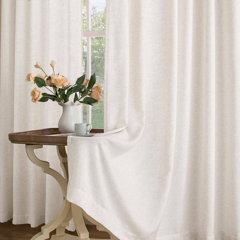 Pinch Pleated Linen Sheer Curtains 102 Inch Long, Two Panel Set With Ring Hooks And Clips For Track System, hung in living room