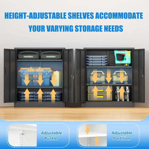 Locking Metal Storage Cabinet With Two Adjustable Shelves 36 Inch High shown open with tools and equipment inside