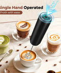 Rechargeable Milk Frother Handheld Wand For Coffee And Lattes Electric Whisk with cups of latte art coffee and matcha