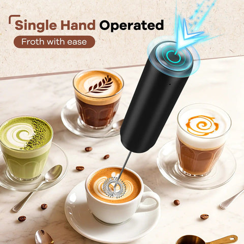 Rechargeable Milk Frother Handheld Wand For Coffee And Lattes Electric Whisk with cups of latte art coffee and matcha