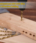 Side view of 99-piece titanium twist drill bit set with gold coating drilling into wood.