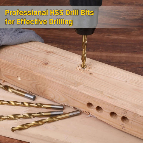 Titanium twist drill bits in use; drilling into a wooden beam with gold-coated bits lying on plywood nearby