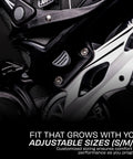 Close-up of Speed Pro Adjustable Inline Skates for Kids, featuring aluminum frame and adjustable sizing mechanism.