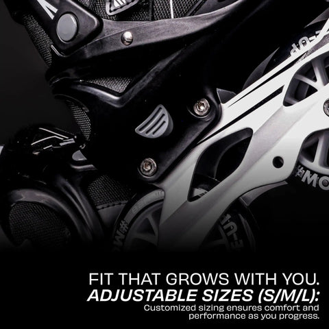 Close-up of Speed Pro Adjustable Inline Skates for Kids, featuring aluminum frame and adjustable sizing mechanism.