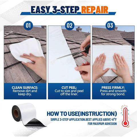 Easy 3-step application for Heavy Duty Roof Repair Tape And Weatherproof Flashing Membrane. Cleaning, cutting, and applying.
