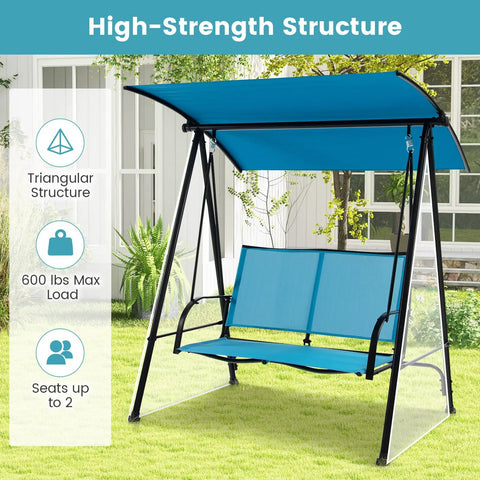 Outdoor Patio Swing For Two With Adjustable Canopy Heavy Duty Metal Frame Breathable Seat Fabric shown in a garden setting.