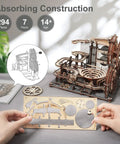 Hands assembling 3D Wooden Marble Run Puzzle Kit For Adults, Mechanical Marble Track Building Set With 294 Pieces, night city theme