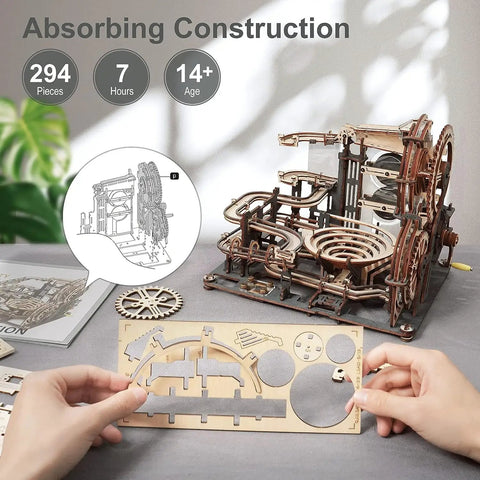 Hands assembling 3D Wooden Marble Run Puzzle Kit For Adults, Mechanical Marble Track Building Set With 294 Pieces, night city theme