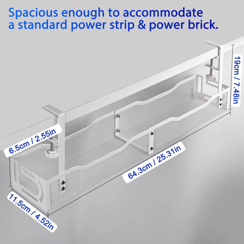 Massive 25 Point 3 Inch Under Desk Cable Management Box Clamp Mounted Cord Organizer Tray in white with mesh design.